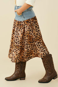 GY9700 Leopard Girls Mix Media Leopard Print Denim Skirt Side