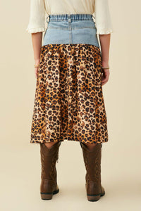 GY9700 Leopard Girls Mix Media Leopard Print Denim Skirt Back