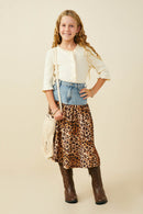 GY9700 Leopard Girls Mix Media Leopard Print Denim Skirt Pose