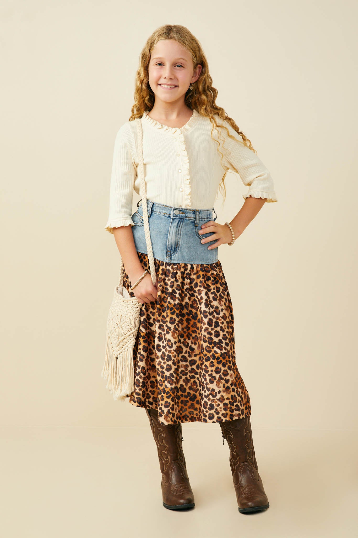 GY9700 Leopard Girls Mix Media Leopard Print Denim Skirt Pose