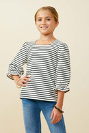 GY9719 White Black Girls Cinch Sleeve Striped Square Neck Knit Top Front