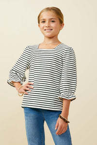 GY9719 White Black Girls Cinch Sleeve Striped Square Neck Knit Top Front