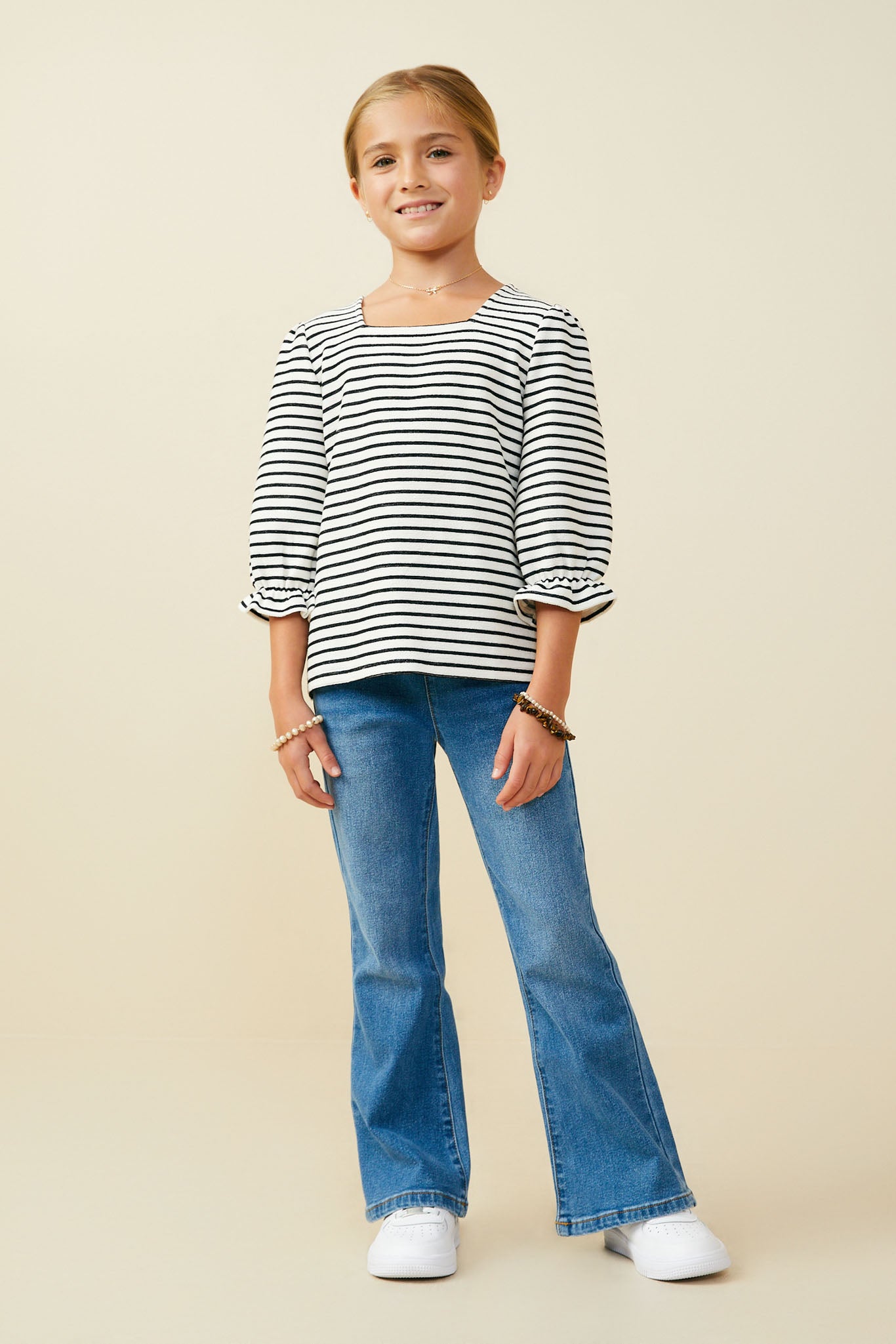 Cinch Sleeve Striped Square Neck Knit Top