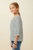 GY9719 White Black Girls Cinch Sleeve Striped Square Neck Knit Top Side