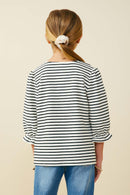 GY9719 White Black Girls Cinch Sleeve Striped Square Neck Knit Top Back