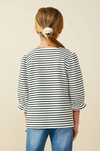 GY9719 White Black Girls Cinch Sleeve Striped Square Neck Knit Top Back