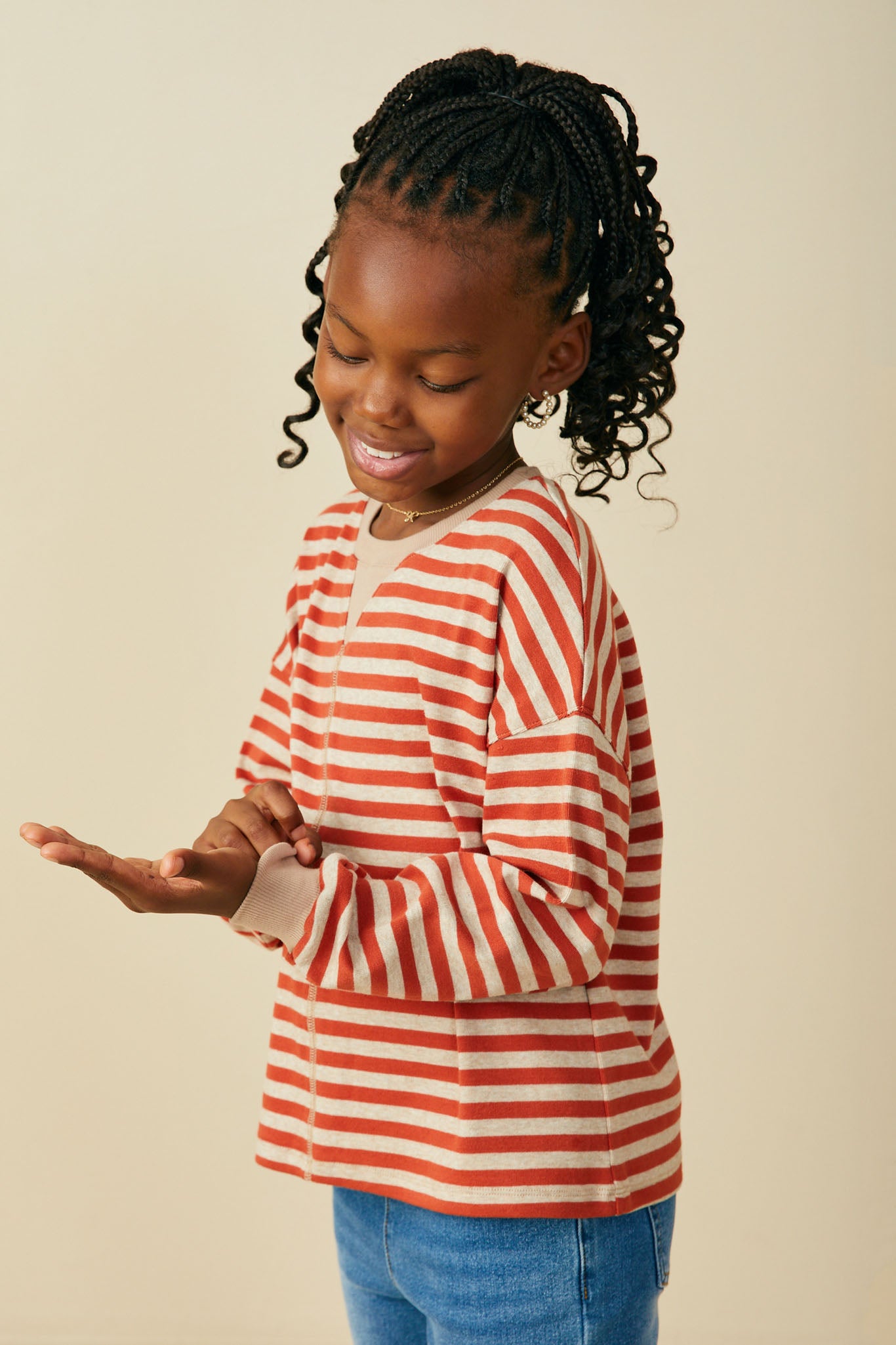 GY9726 Rust Mix Girls Contrast Band Stitch Detail Striped Knit Top Side