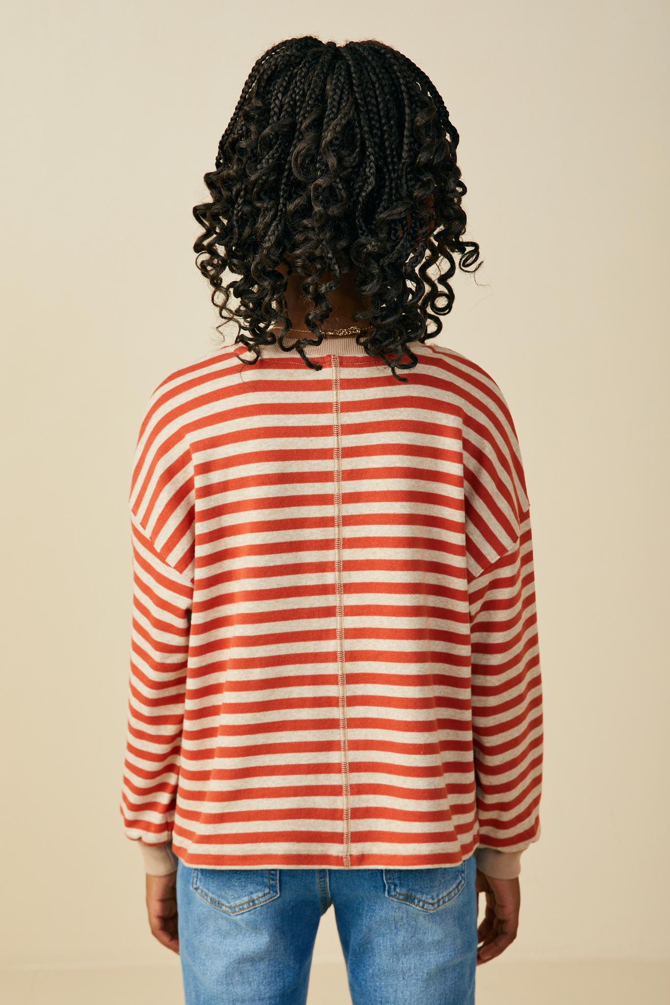 GY9726 Rust Mix Girls Contrast Band Stitch Detail Striped Knit Top Back