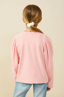 Ribbed Puff Shoulder Long Sleeve Knit Top