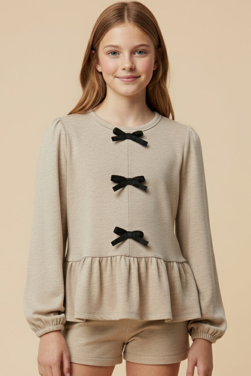 Contrast Bow Detail Soft Knit Peplum Top