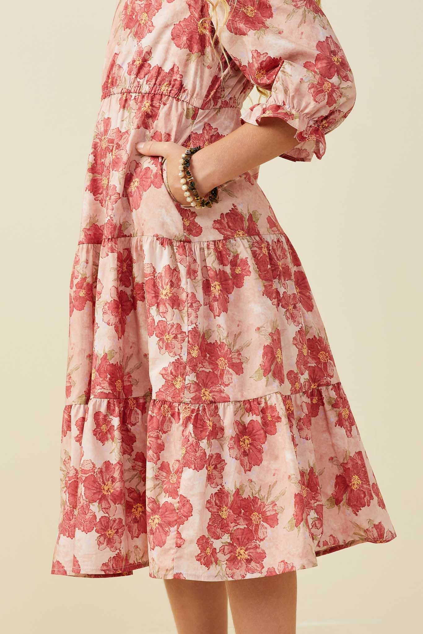 GY9764 Mauve Girls Antique Floral Cinched Cuff Dress Side