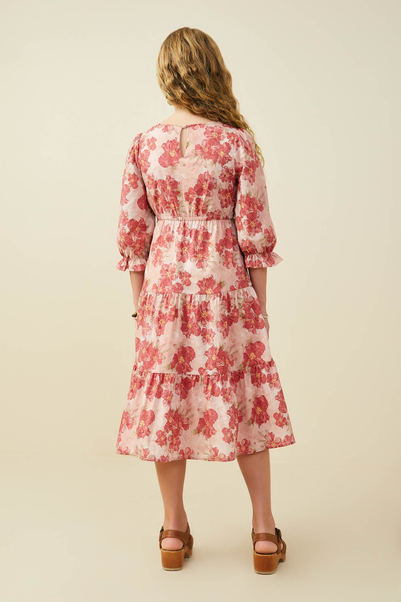 GY9764 Mauve Girls Antique Floral Cinched Cuff Dress Back