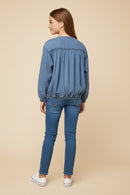 GY9770 Light Denim Girls Gathered Detail Batwing Sleeve Denim Jacket Back