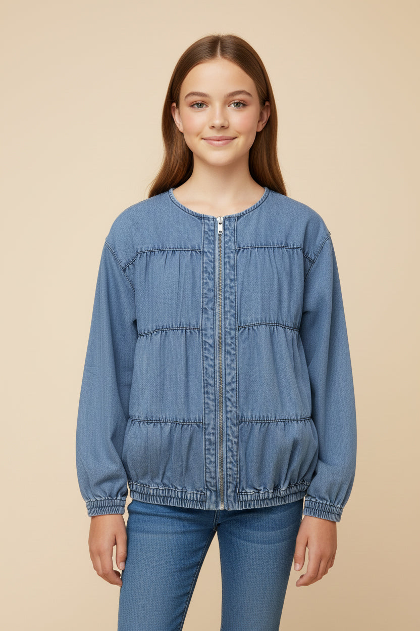 GY9770 Light Denim Girls Gathered Detail Batwing Sleeve Denim Jacket Front