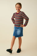 GY9772 Burgundy Mix Girls Multi Stripe Terry Knit Long Sleeve Top Pose