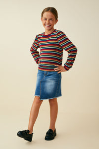 GY9772 Burgundy Mix Girls Multi Stripe Terry Knit Long Sleeve Top Pose