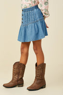 GY9779 Mid Denim Girls Pleated Button Detail Denim Skirt Side