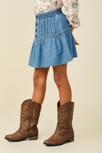 GY9779 Mid Denim Girls Pleated Button Detail Denim Skirt Side