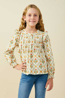GY9814 Rust Girls Pleat Detailed Ruffled Block Print Peplum Top Front