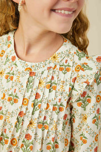 GY9814 Rust Girls Pleat Detailed Ruffled Block Print Peplum Top Detail