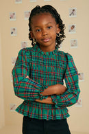 Plaid Ruffle Neck Smocked Body Top