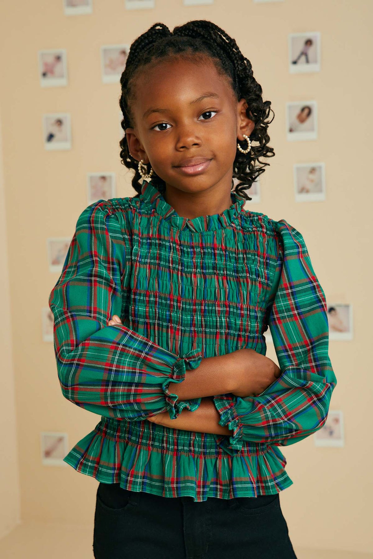 Plaid Ruffle Neck Smocked Body Top