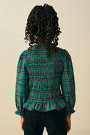 Plaid Ruffle Neck Smocked Body Top