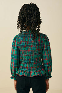 Plaid Ruffle Neck Smocked Body Top