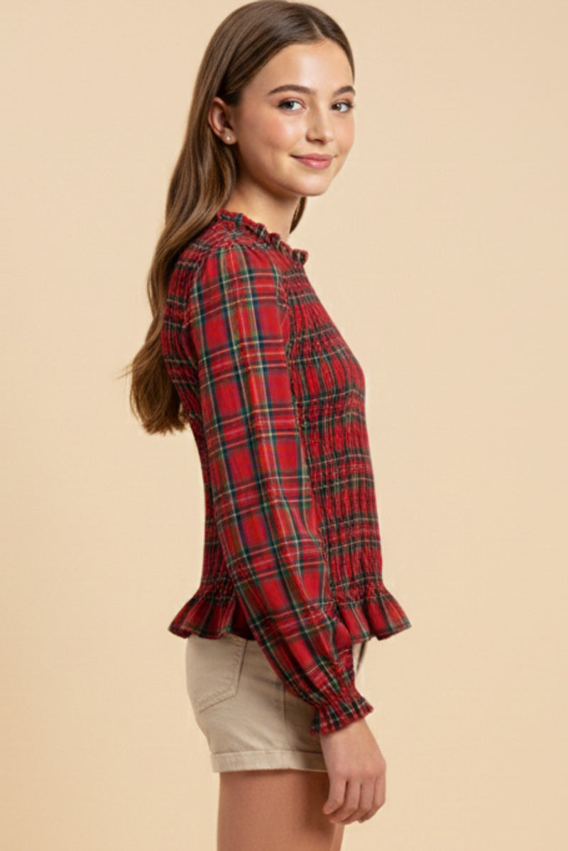 Plaid Ruffle Neck Smocked Body Top