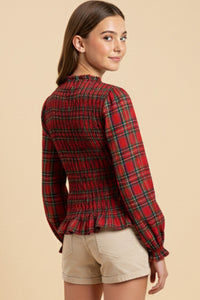 Plaid Ruffle Neck Smocked Body Top