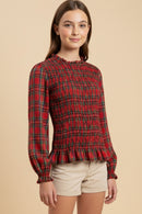 Plaid Ruffle Neck Smocked Body Top