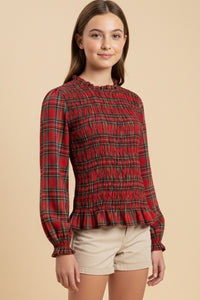 Plaid Ruffle Neck Smocked Body Top