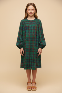 GY9829 Green Girls Smocked Panel Long Sleeve Plaid Dress Front