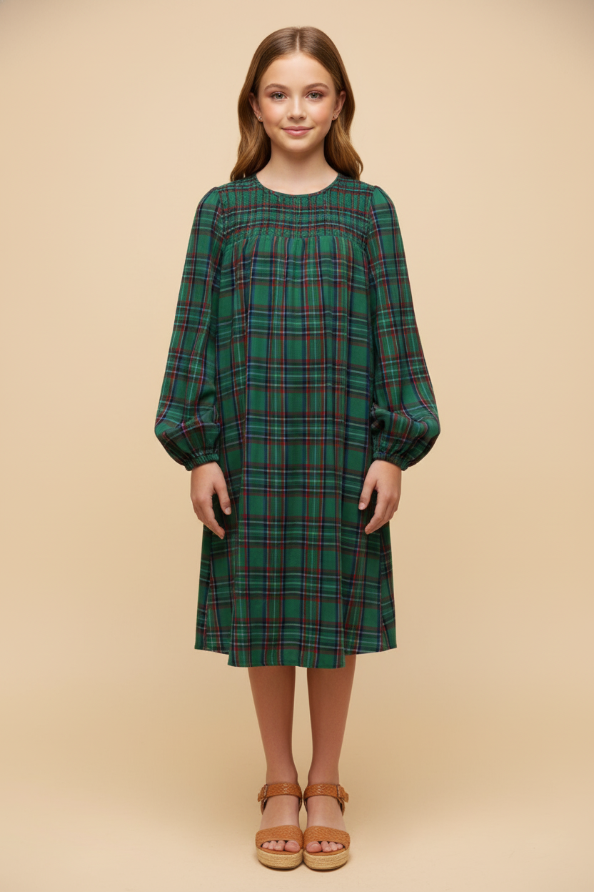 Smocked Panel Long Sleeve Plaid Dress