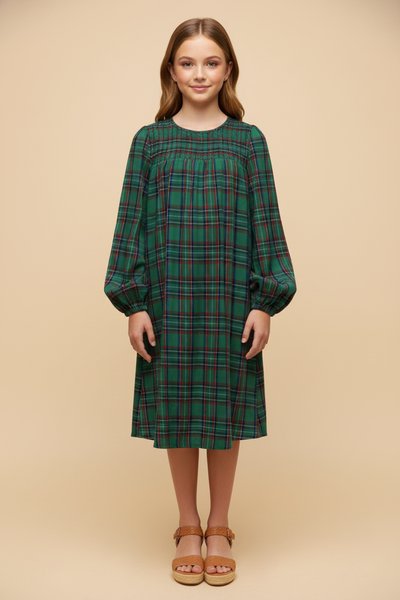Girls Plaid Smocked Panel Long Sleeve Dress | Cute Girls' Clothes