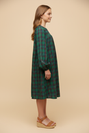 GY9829 Green Girls Smocked Panel Long Sleeve Plaid Dress Side