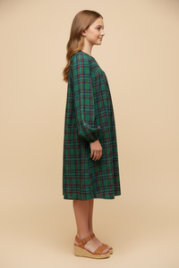GY9829 Green Girls Smocked Panel Long Sleeve Plaid Dress Side