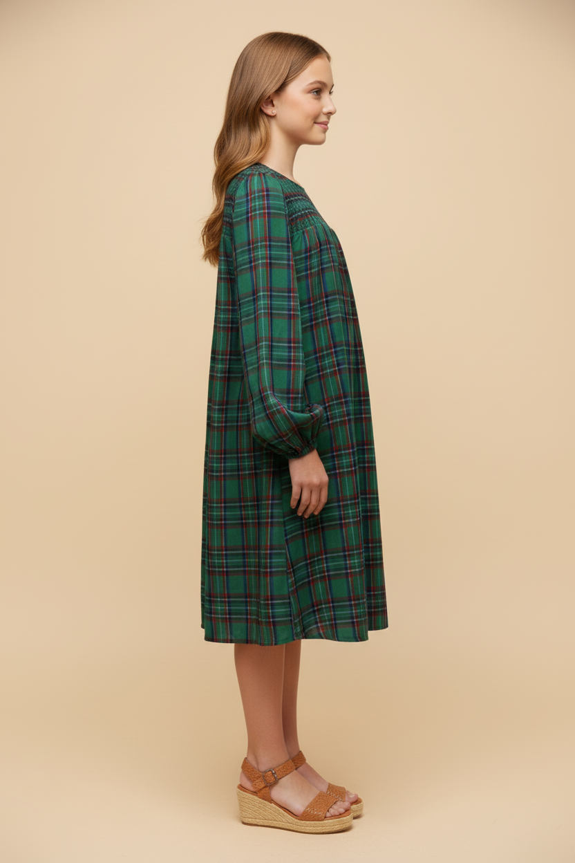 Smocked Panel Long Sleeve Plaid Dress