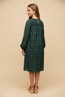 GY9829 Green Girls Smocked Panel Long Sleeve Plaid Dress Back