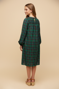 GY9829 Green Girls Smocked Panel Long Sleeve Plaid Dress Back