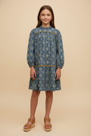 GY9859 Denim Girls Block Print Contrast Trim Long Sleeve Dress Front