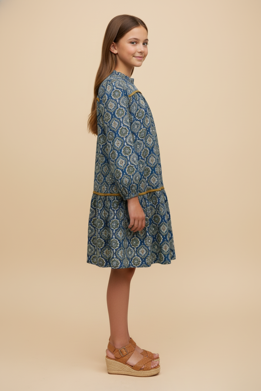 Block Print Contrast Trim Long Sleeve Dress