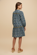 GY9859 Denim Girls Block Print Contrast Trim Long Sleeve Dress Back