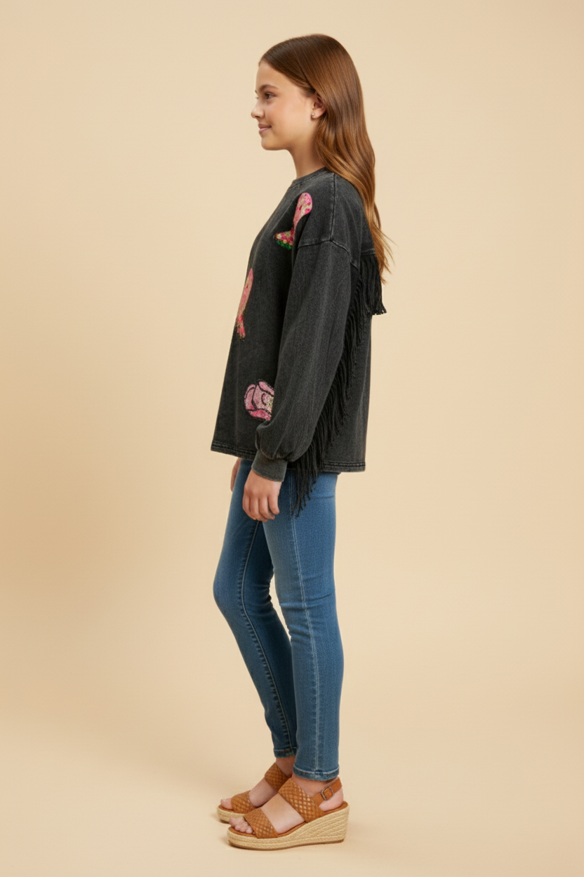 Sequin Patched Washed Long Sleeve Fringed Top