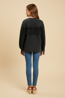Sequin Patched Washed Long Sleeve Fringed Top