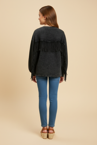 Sequin Patched Washed Long Sleeve Fringed Top