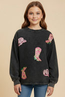 Sequin Patched Washed Long Sleeve Fringed Top