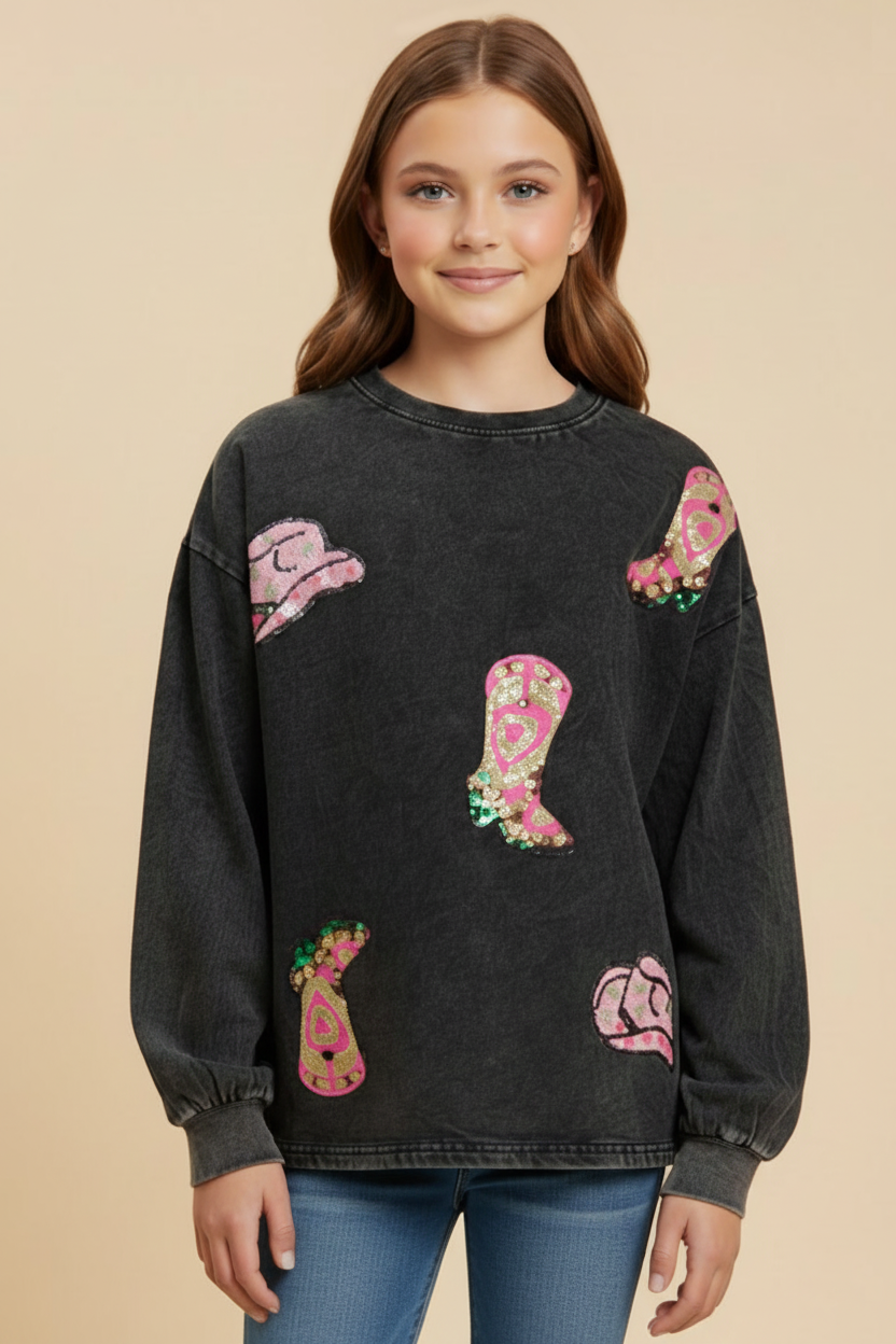 Sequin Patched Washed Long Sleeve Fringed Top