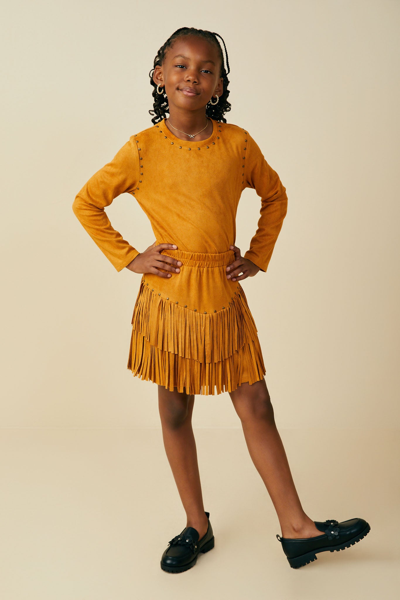 Studs And Fringe Detailed Suede Skirt