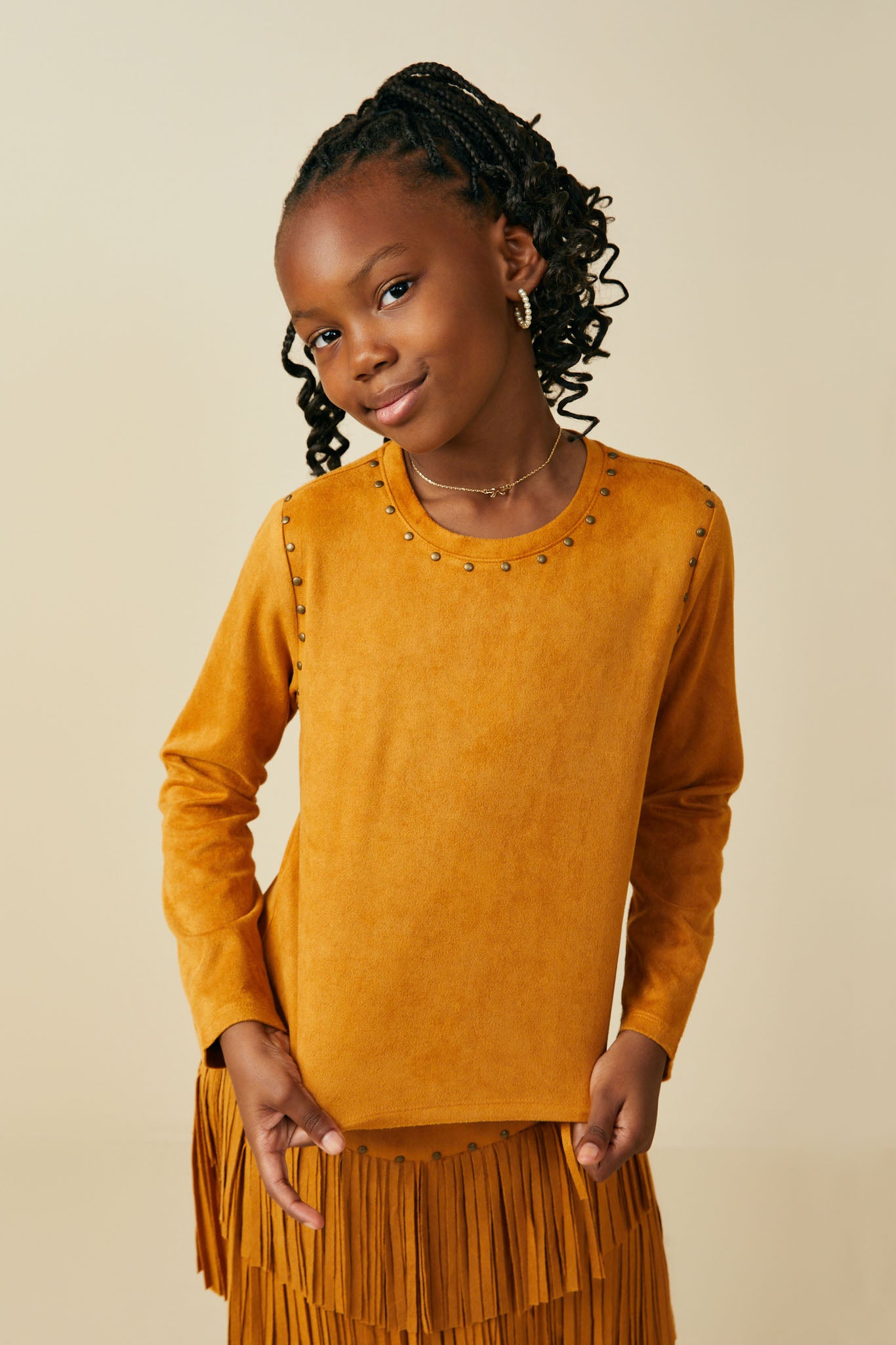 Studded Detailed Long Sleeve Suede T Shirt
